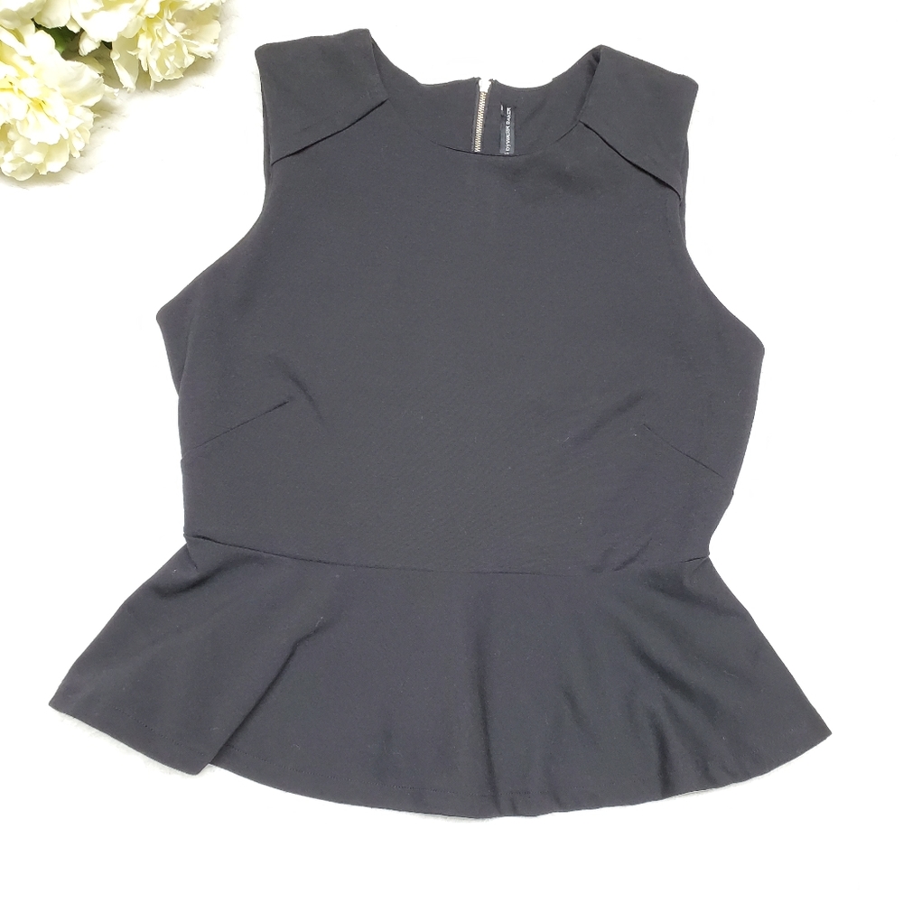 W118 Walker Baker Top Black Size L Short Sleeve Peplum Tank zip up back